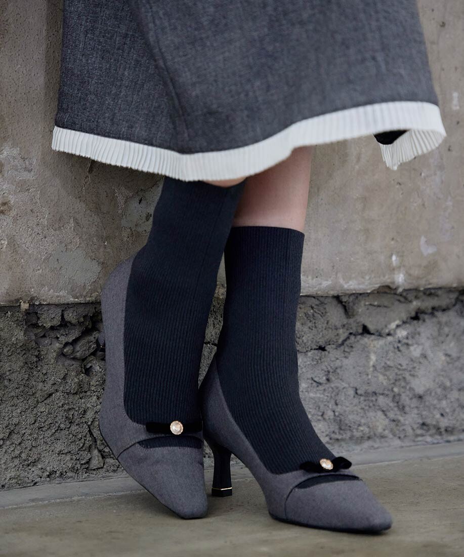 RANDA ミニリボンニットドッキングブーツ M ブラック ミニリボンニット