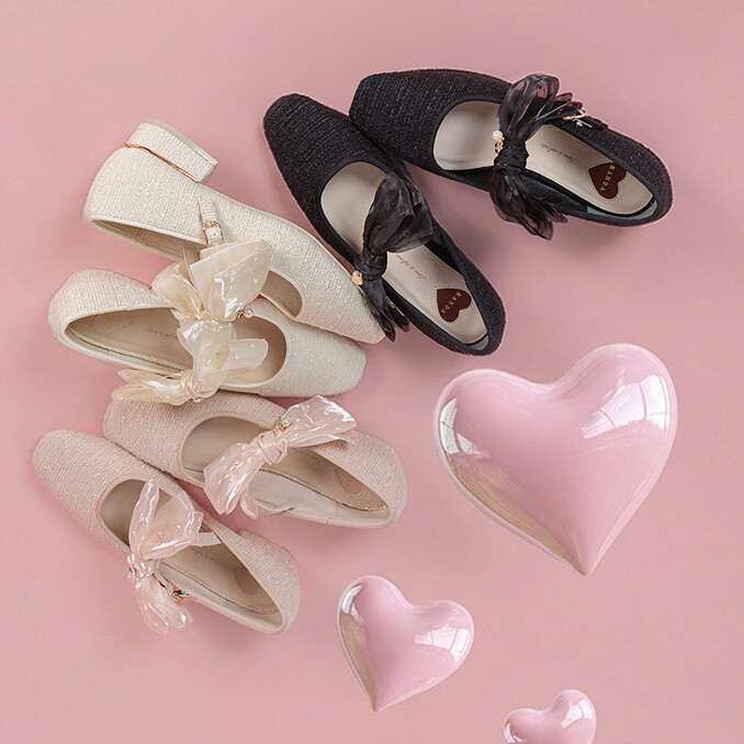 Heart Collection】2WAY シアーリボンハートフラットパンプス │RANDA