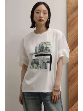 フォトコラージュプリントメッシュスリーブTシャツ