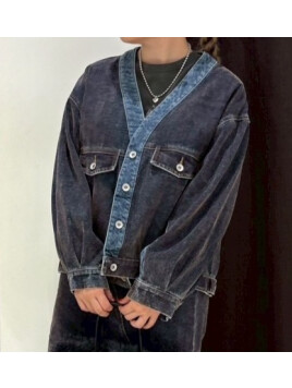 ノーカラーフロッキーデニムジャケット