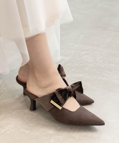 ビッグベロアリボンミュールパンプス