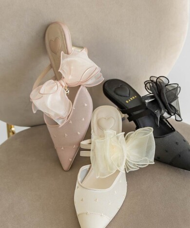 【HEART COLLECTION】シフォンリボンハートミュールパンプス