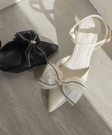 2WAY 配色リボンアンクルストラップパンプス