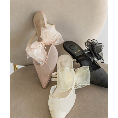 【HEART COLLECTION】シフォンリボンハートミュールパンプス